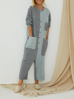 Plus Size Women Hit Color Patchwork Button Combinaison décontractée avec poches