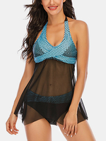 Plus Size Women Mesh See Through Polka Dot Print Maillot de bain Halter sans fil