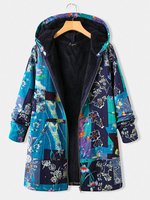 Polaire à imprimé floral vintage épais Plus taille manteau à capuche avec poches
