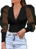 Polka Dot Mesh Puff Sleeve Blouse col en V tricoté Casual pour les femmes