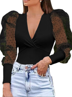 Polka Dot Mesh Puff Sleeve Blouse col en V tricoté Casual pour les femmes