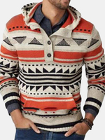 Pull à capuche à demi-bouton tricoté à motif géométrique tribal vintage pour homme