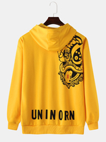 Pull à capuche à imprimé lion de style national pour homme avec poche kangourou