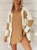 Pull cardigan tricoté décontracté à rayures pour femmes avec poche blanche