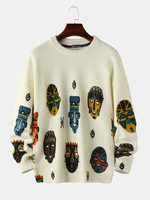 Pull décontracté tricoté à col rond en coton imprimé à motifs ethniques pour hommes