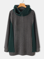 Pull en patchwork rayé tricoté par câble pour femmes Sweats décontractés à manches longues en jacquard