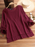 Rétro Femmes avec Manches Longues Coleur Pure O-Neck Fente Latérale Chemise Bouffante
