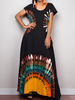 Rétro style ethnique vacances bohème manches courtes lâche robe maxi décontractée