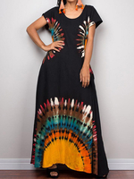 Rétro style ethnique vacances bohème manches courtes lâche robe maxi décontractée