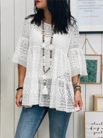 S-5XL Blouse à col rond évidé en dentelle à manches 3/4 pour femmes
