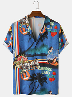 Seaside Landscape Cartoon Pattern Casual Chemises à manches courtes