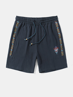 Short à cordon ample en coton brodé à motif géométrique ethnique pour hommes