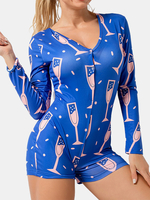 Short de pyjama bleu à manches longues et col en V imprimé abstrait Combinaisons pour femmes