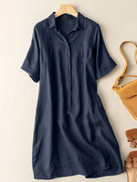 Solid Button Front Short Sleeve Lapel Shirt Dress
