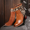 SOOCFY Bottes courtes à glissière à talon carré en cuir véritable épissure à motif léopard