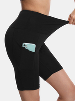 Sport Femmes Couleur Unie Élastique Taille Haute Yoga Courir Biker Shorts Avec Poche
