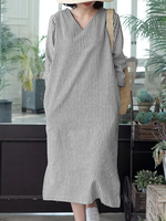Stripe Print Slit Hem Pocket V-neck Dress