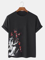 T-shirts en coton à manches courtes imprimés sur le côté Plum Bossom pour hommes