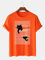 T-shirts mignons à manches courtes et imprimé chat en coton pour hommes