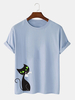 T-shirts respirants à manches courtes en coton imprimé chat noir