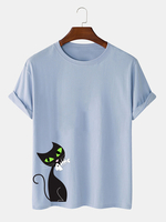 T-shirts respirants à manches courtes en coton imprimé chat noir