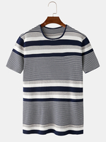 T-shirts tricotés à manches courtes à col rond rayé pour hommes