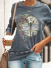 T-shirts vintage à manches longues et imprimé libellule pour femmes
