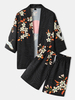 Tenues deux pièces kimono florales à imprimé grue et devant ouvert pour hommes