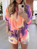 Tie Dye Femmes manches longues avec cordon de serrage Shorts de poche Ensemble de pyjama décontracté à la maison