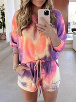 Tie Dye Femmes manches longues avec cordon de serrage Shorts de poche Ensemble de pyjama décontracté à la maison