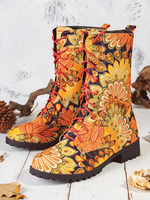 Tournesols brodés impression talon bloc bout rond lacé bottes de combat mi-mollet pour femmes