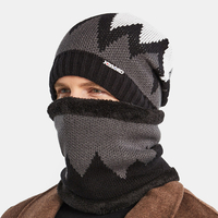 Unisexe 2 pièces Plus velours épais motif de géométrie chaude cou et oreille Protection casque écharpe tricoté chapeau