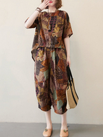 Veau haut-bas imprimé vintage Longueur Costume deux pièces décontracté avec poche latérale pour les femmes