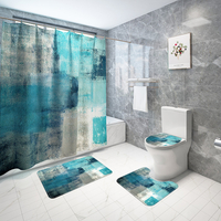 Vert Bleu Gris Peinture Abstraite Rideau De Douche Ensemble Gris Vintage Rétro Tapis Antidérapants Couvercle De Toilette