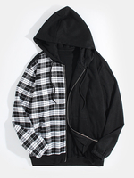 Veste à capuche à manches longues zippée à carreaux pour homme avec poche