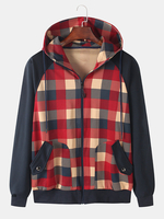 Veste à capuche à manches raglan et patchwork à carreaux pour homme avec poche