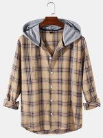 Veste à capuche boutonnée à manches longues à imprimé carreaux pour homme