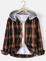 Veste à capuche boutonnée à manches longues en tartan pour homme
