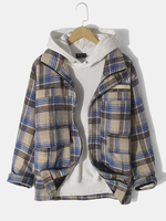 Veste à manches longues chaude à glissière à carreaux pour hommes avec poche