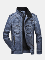 Veste à manches longues en cuir PU à glissière multi-poches vintage pour homme