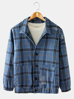 Veste à manches longues en laine à revers à carreaux vintage pour homme avec poche