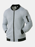 Veste décontractée solide avant avec fermeture éclair à col de base-ball texturé pour hommes avec poche