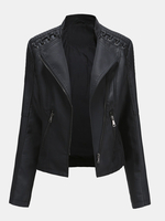 Veste de moto de couleur unie en faux cuir PU pour femmes