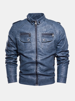Veste de moto en cuir PU avec revers zippé pour homme avec poche