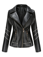 Veste de moto en cuir synthétique polyuréthane de couleur unie pour femmes avec poche