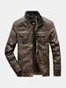 Veste en cuir PU lavé vintage à manches longues pour hommes