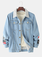 Veste en jean à manches longues doublée de polaire à double poche imprimée pour homme