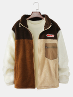 Veste en peluche à manches longues en peluche avec poche à patchwork pour homme