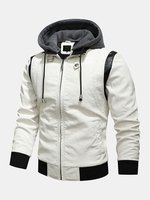 Veste en PU à manches longues avec fermeture à glissière à capuche et cordon de serrage pour hommes