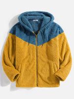 Veste moelleuse à capuche à manches longues et patchwork contrasté avec poche